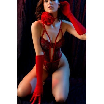 Bordo Transparan Çiçek Dantel Detaylı Seksi Body,fantezi İç Giyim Takımı Eldivenli, Seksi 3lü Set
