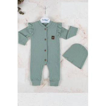 Boydan Düğmeli Şapkalı % 100 Pamuk Kız Bebek Tulumu