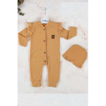 Boydan Düğmeli Şapkalı % 100 Pamuk Kız Bebek Tulumu