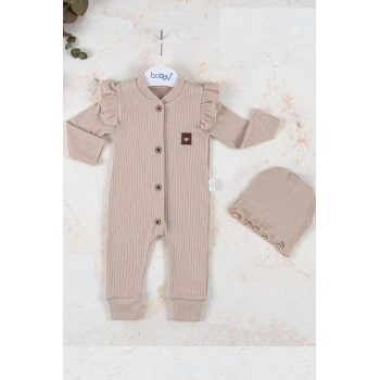 Boydan Düğmeli Şapkalı % 100 Pamuk Kız Bebek Tulumu