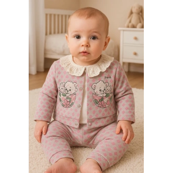 Brode İşlemeli Kalp Desenli 3lü Hırkalı Kız Bebek Takım