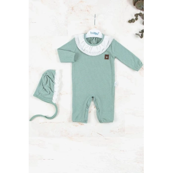 Brode Nakışlı Şapkalı % 100 Pamuk Kız Bebek Tulumu