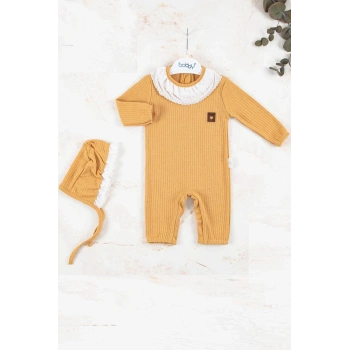 Brode Nakışlı Şapkalı % 100 Pamuk Kız Bebek Tulumu