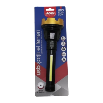 BÜYÜK=24CM 2İN1= OSL LED - COB LED USB ŞARJLI EL FENERİ 3-KADEME IŞIK - FLAŞÖR ŞARJ GÖSTERGE (4887)