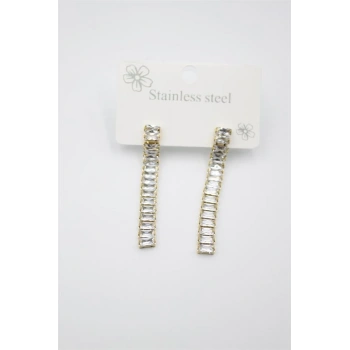 Büyük Baget Taşlı Çelik  Küpe - Altın