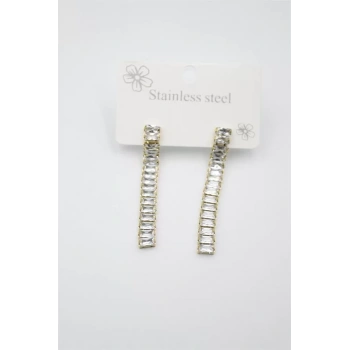 Büyük Baget Taşlı Çelik  Küpe - Altın