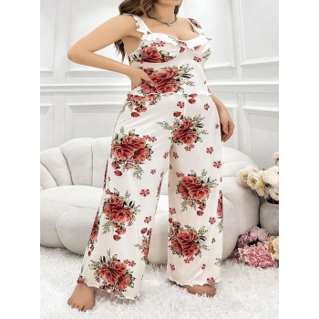 Büyük Beden Gül Desenli İnce Askılı Beyaz Salaş 2li Takım