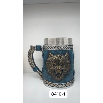 Büyük Boy Mavi Kurt Motifli Çelik Kupa Kod 8410-1
