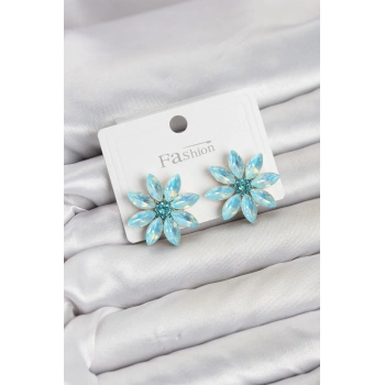 Buz Mavisi Renk Kristal Taşlı Lotus Çiçek Model Kadın Küpe TJ-BKP11922