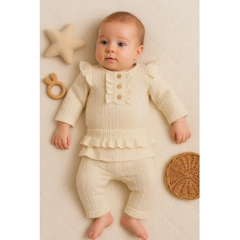 Büzgü Detaylı Fırfırlı % 100 Pamuk 2li Kız Bebek Takımı