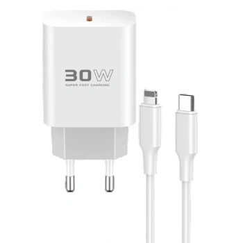 C87C 30W Type-C Çıkışlı Ekstra DL50 1M Type-C to Lightning Kablolu PD Şarj Cihazı - Beyaz