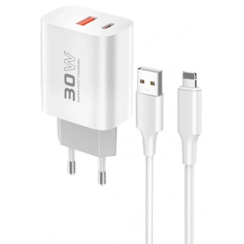 C89Q 1 Adet 30W Type-C ve 1 Adet 22.5W USB Çıkışlı Ekstra DL48 1M USB to Lightning Kablolu PD Şarj Cihazı - Beyaz
