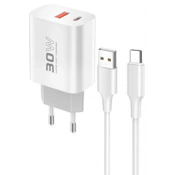 C89Q 1 Adet 30W Type-C ve 1 Adet 22.5W USB Çıkışlı Ekstra DL49 1M USB to Type-C Kablolu PD Şarj Cihazı - Beyaz