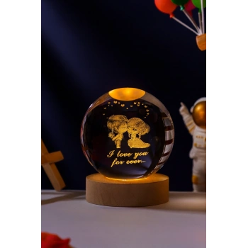 Canım Aşkım Yazılı Sevgiliye LED Işıklı Kristal Küre Lamba USBli Ahşap Standlı Masa Lambası