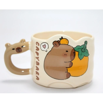 Capybara Figürlü Yayvan Formlu Porselen Kupa Bardak