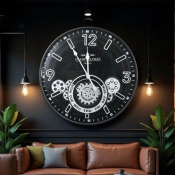 Çarklı Duvar Saati Gümüş Detaylı 59 cm