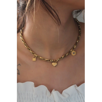 Çelik Gold Renk Kalın Zincir Model Kalp Figür Kadın Kolye - TJ-BKO6898