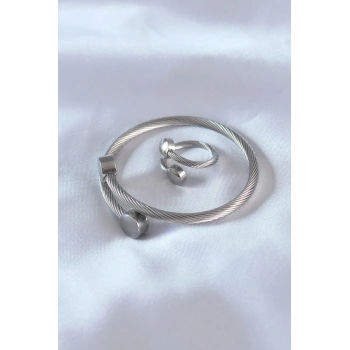 Çelik Gümüş Renk Sıkı Burgu Model Erkek Bileklik Yüzük Seti - TJ-EB3591