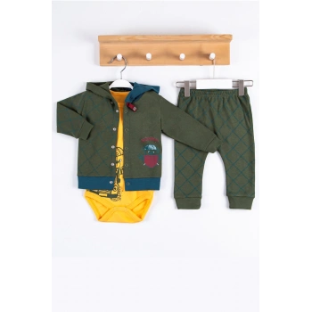 Cep Desenli Kapişonlu % 100 Pamuk Hırkalı 3lü Erkek Takım