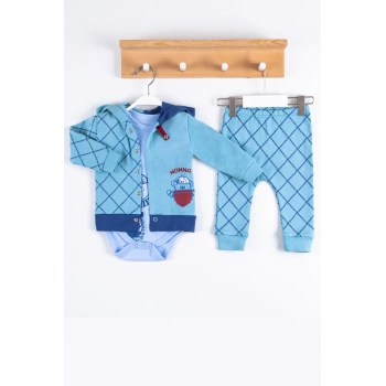 Cep Desenli Kapişonlu % 100 Pamuk Hırkalı 3lü Erkek Takım