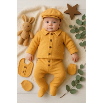 Cepli Waffle % 100 Pamuk 5li Erkek Bebek Hastane Çıkış Seti