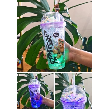 Challange Ayıcık Suluk Pipetli Buzlu Cam Görünümlü Led Işıklı 450 ML Çift Katman Mika 2768 Mor