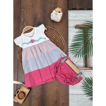Çiçek Askılı Külotlu 2li Kız Bebek Elbise