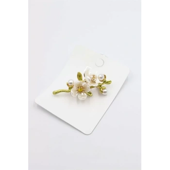 Çiçek Dalı Broş - Beyaz
