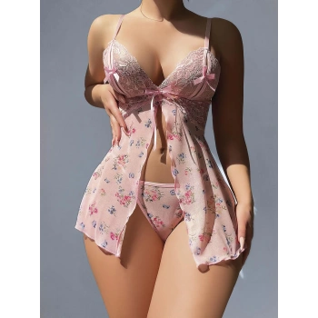 Çiçek desenli pembe fantezi gecelik