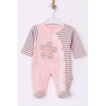 Çiçek Nakışlı % 100 Pamuk Ayaklı Kız Bebek Tulumu