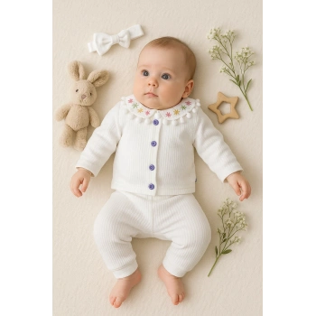 Çiçek Nakışlı Düşmeli Bandanalı Kız Bebek Takımı