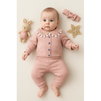 Çiçek Nakışlı Düşmeli Bandanalı Kız Bebek Takımı