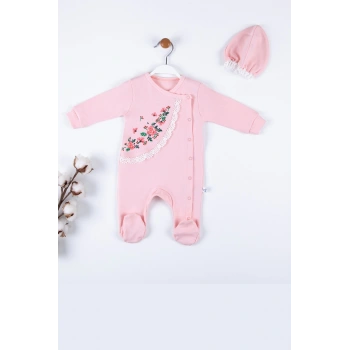 Çiçek Nakışlı Şapkalı % 100 Pamuk Kız Bebek Tulumu