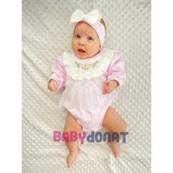 Çiçek Nakışlı Tüllü Bandanalı Kız Bebek Romper