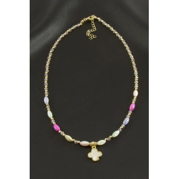 Çiçek Sedef Cam Boncuk Kristal Kolye