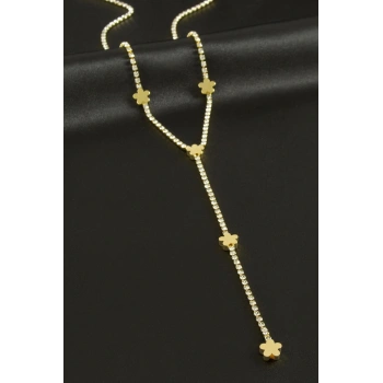 Çiçek Şerit Taşlı Çelik Y Kolye