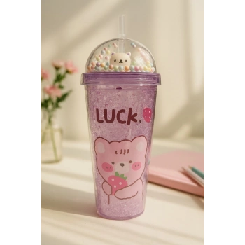 Çılgın Bear Suluk Pipetli Buzlu Cam Görünümlü 450 ML Çift Katman Mika Sevimli Suluk 2093 Mor