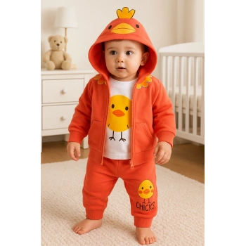 Civciv Desenli Kapişonlu 3lü Erkek Bebek Takımı