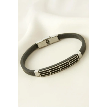 Çizgili Deri Çelik Bileklik
