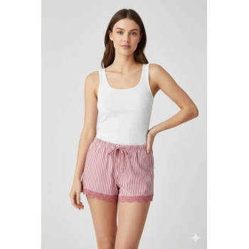 Çizgili Penye Kadın Ev Şortu Bacak Dantel Detaylı Ev Giyim Fuşya