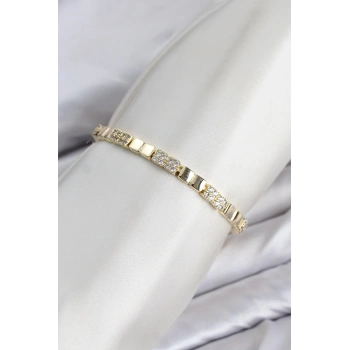 CM Kare Model Zirkon Taşlı VIP Seri Gold Renk Pirinç Kadın Bileklik TJ-BB8611
