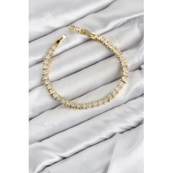 CM Şerit Model Zirkon Taşlı VIP Seri Gold Renk Pirinç Kadın Bileklik TJ-BB8606