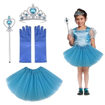 Çocuk Elsa Kostümü Elsa Eteği Eldiveni Tacı ve Asası 4 lü Set (4887)