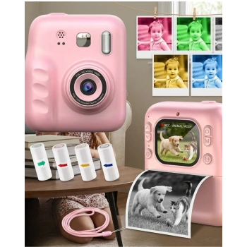 Çocuklar İçin Anında Baskılı Kamera 4 Rulo Kağıt Ve 5 Renk Kalem Hediyeli