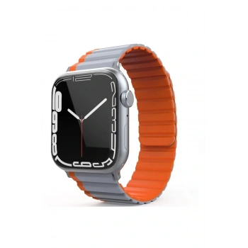 Apple Watch 42mm MO-WB1 Çift Renk Mıknatıslı Silikon Kordon - Gri-Turuncu