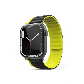 Apple Watch 42mm MO-WB1 Çift Renk Mıknatıslı Silikon Kordon - Siyah-Sarı