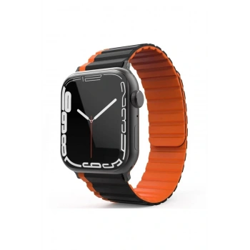 Apple Watch 42mm MO-WB1 Çift Renk Mıknatıslı Silikon Kordon - Siyah-Turuncu
