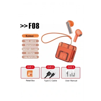 F08 Dijital Şarj Göstergeli TWS Bluetooth Kulaklık - Kırmızı