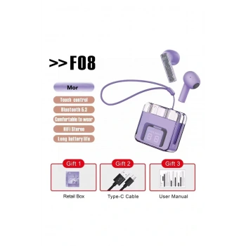 F08 Dijital Şarj Göstergeli TWS Bluetooth Kulaklık - Mor