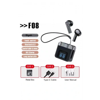 F08 Dijital Şarj Göstergeli TWS Bluetooth Kulaklık - Siyah